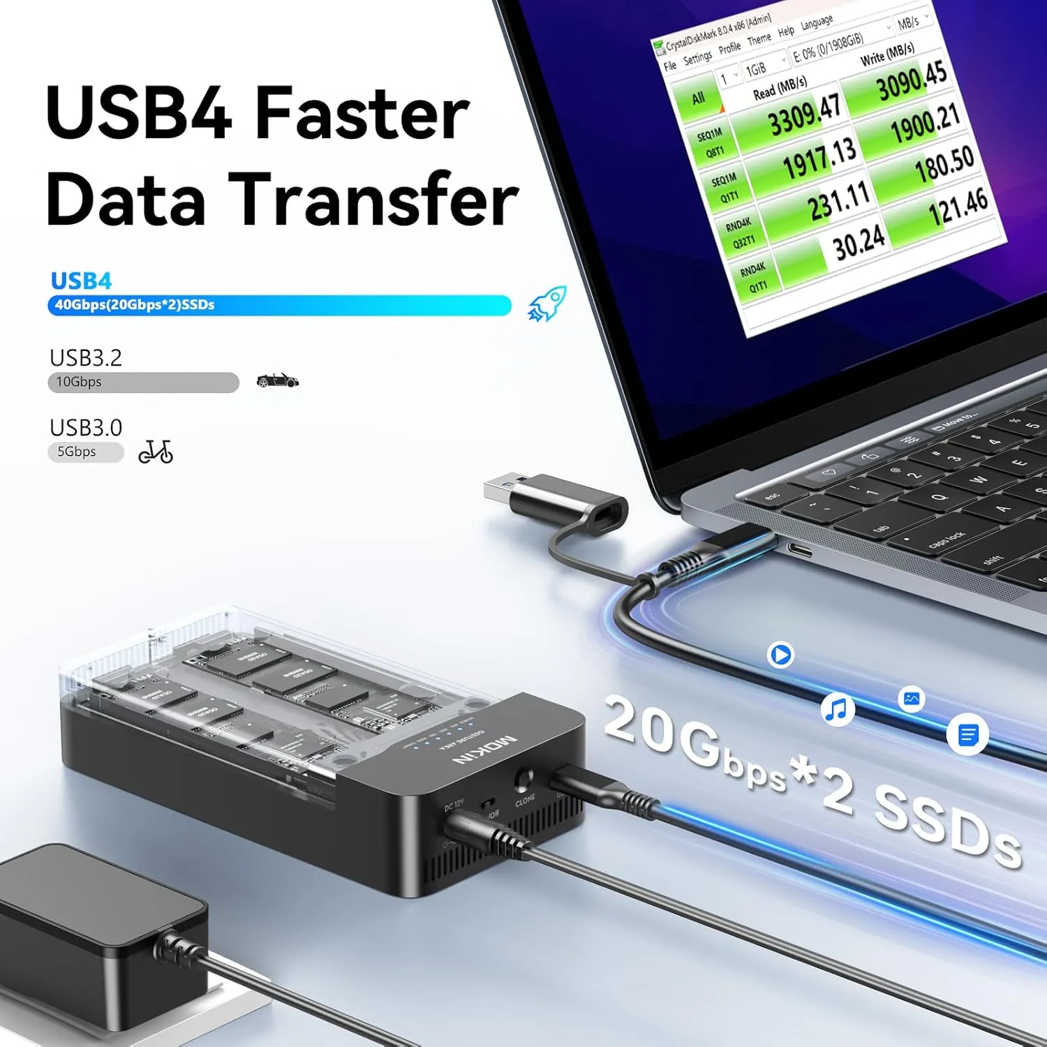 Dual-Bay Offline Clone Tool-Free NVMe M.2 SSD Enclosure 40Gbps USB4 with Cooling Fan, Compatible with MacBook M4/Pro/Max, Mac Mini, Supports NVMe PCIe Size 2230/2242/2260/2280 (Up to 8TB)