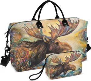 Duffel Bag Set for Travel Gym Sport, Weekender Bag Carry on Overnight Bags for Women Men-Moose Abstract Print