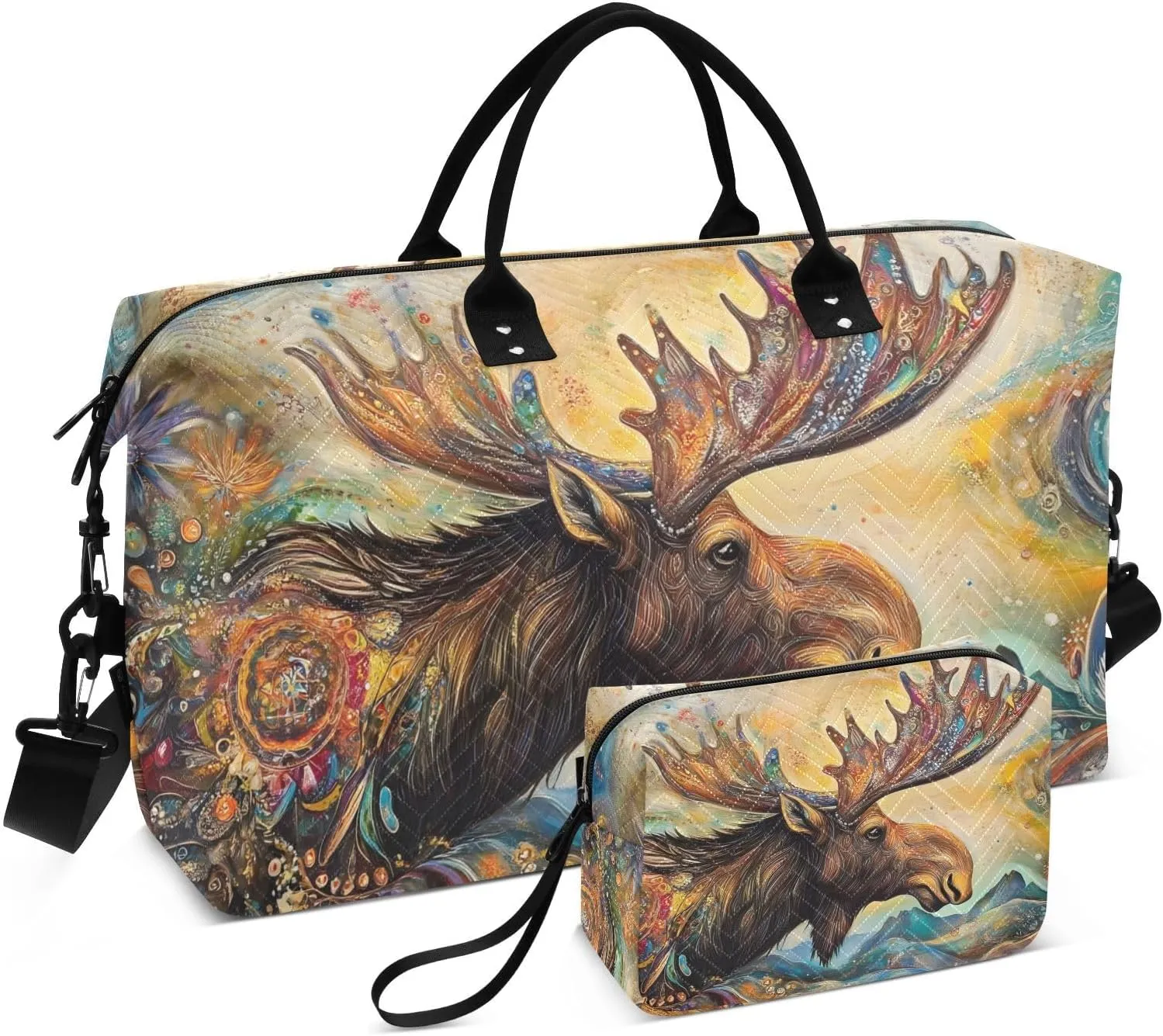 Duffel Bag Set for Travel Gym Sport, Weekender Bag Carry on Overnight Bags for Women Men-Moose Abstract Print