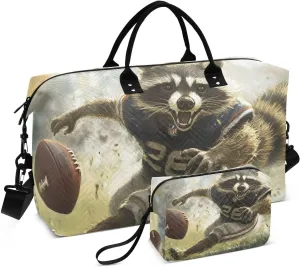 Duffel Bag Set for Travel Gym Sport, Weekender Bag Carry on Overnight Bags for Women Men-Raccoon Football Painting Print