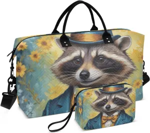 Duffel Bag Set for Travel Gym Sport, Weekender Bag Carry on Overnight Bags for Women Men-Raccoon Gentleman Print