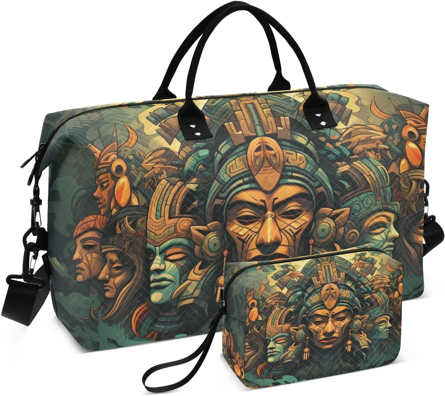 Duffel Bag Set with Toiletry Bag for Travel Gym Sport, Luggage Sleeve Weekender Bags Carry on Overnight Bag-Aztec Statue Print