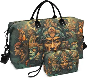 Duffel Bag Set with Toiletry Bag for Travel Gym Sport, Luggage Sleeve Weekender Bags Carry on Overnight Bag-Aztec Statue Print