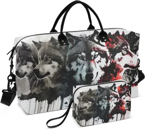 Duffel Bag Set with Toiletry Bag for Travel Gym Sport, Luggage Sleeve Weekender Bags Carry on Overnight Bag-Cool Wolf Pack Print