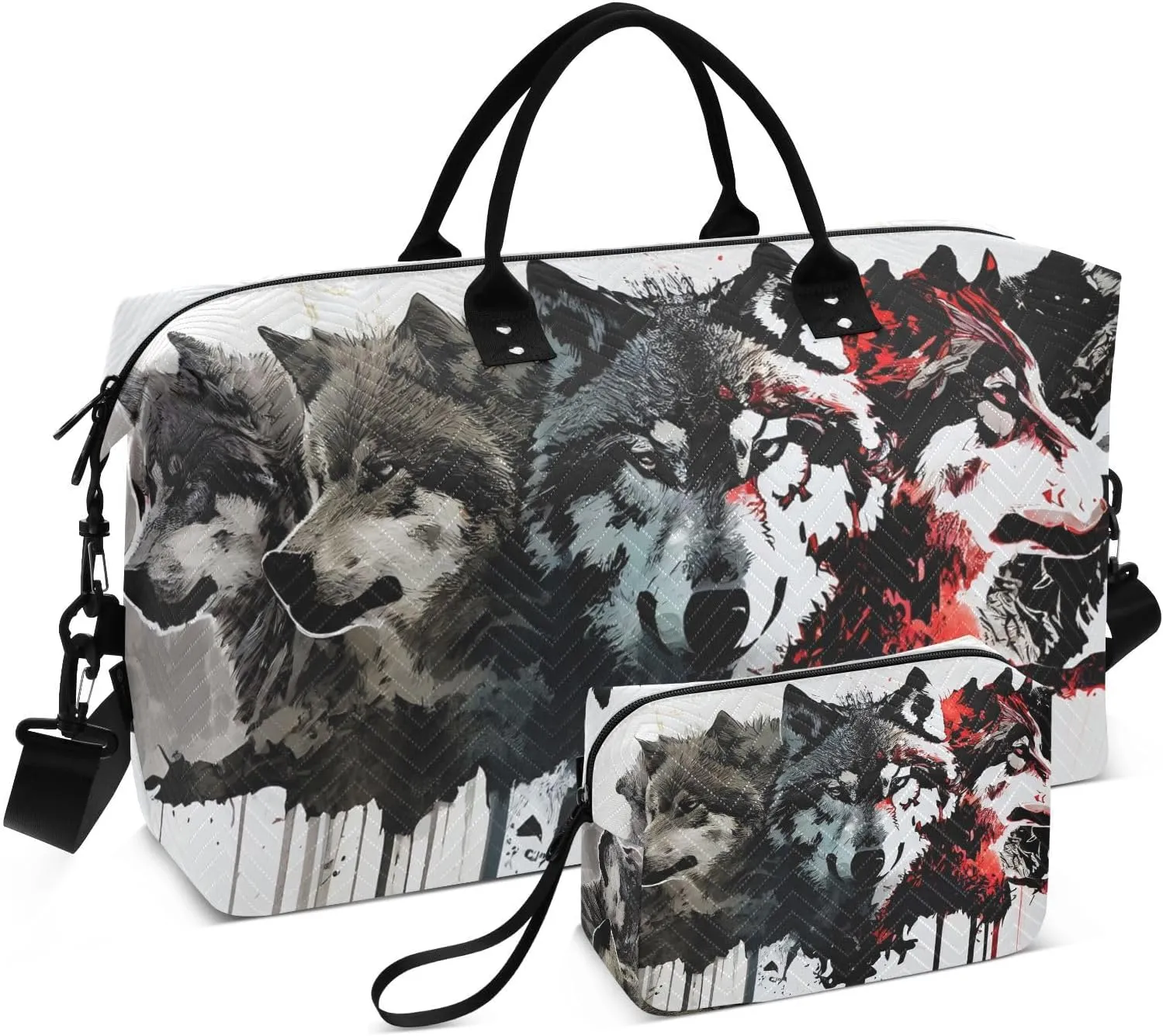 Duffel Bag Set with Toiletry Bag for Travel Gym Sport, Luggage Sleeve Weekender Bags Carry on Overnight Bag-Cool Wolf Pack Print