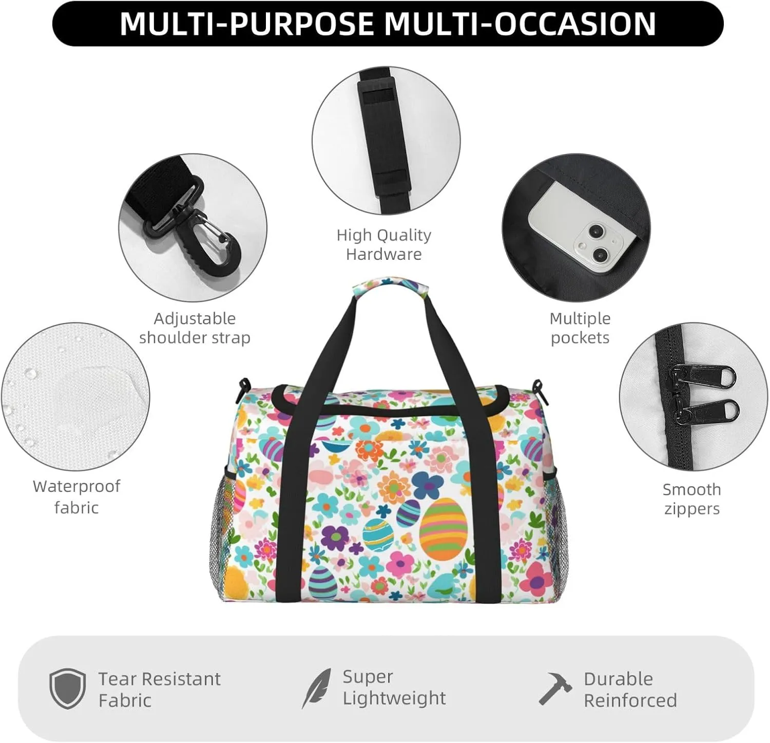 Easter Egg And Flowers Travel Weekender Overnight Bags Foldable Hand Travel Bag Sport Gym Duffel Bag For Men Women