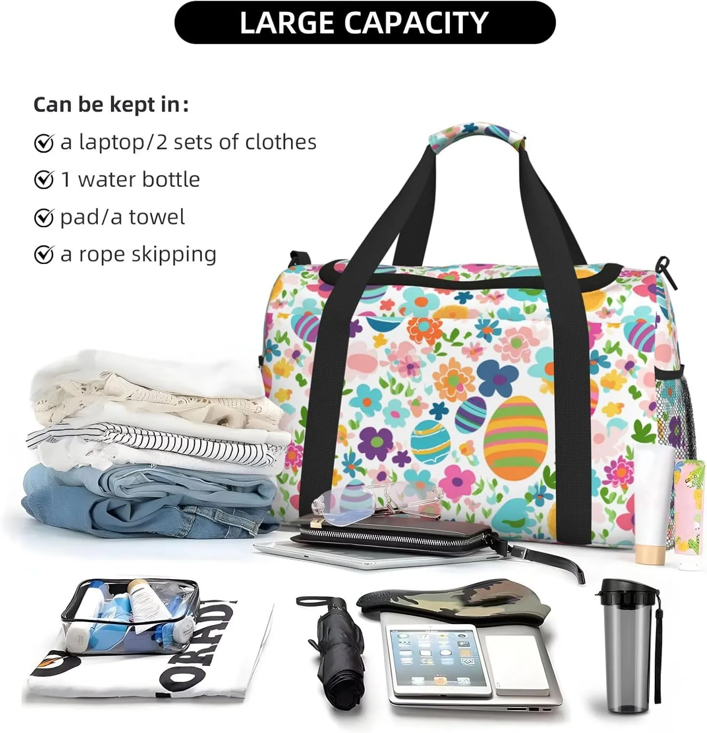 Easter Egg And Flowers Travel Weekender Overnight Bags Foldable Hand Travel Bag Sport Gym Duffel Bag For Men Women