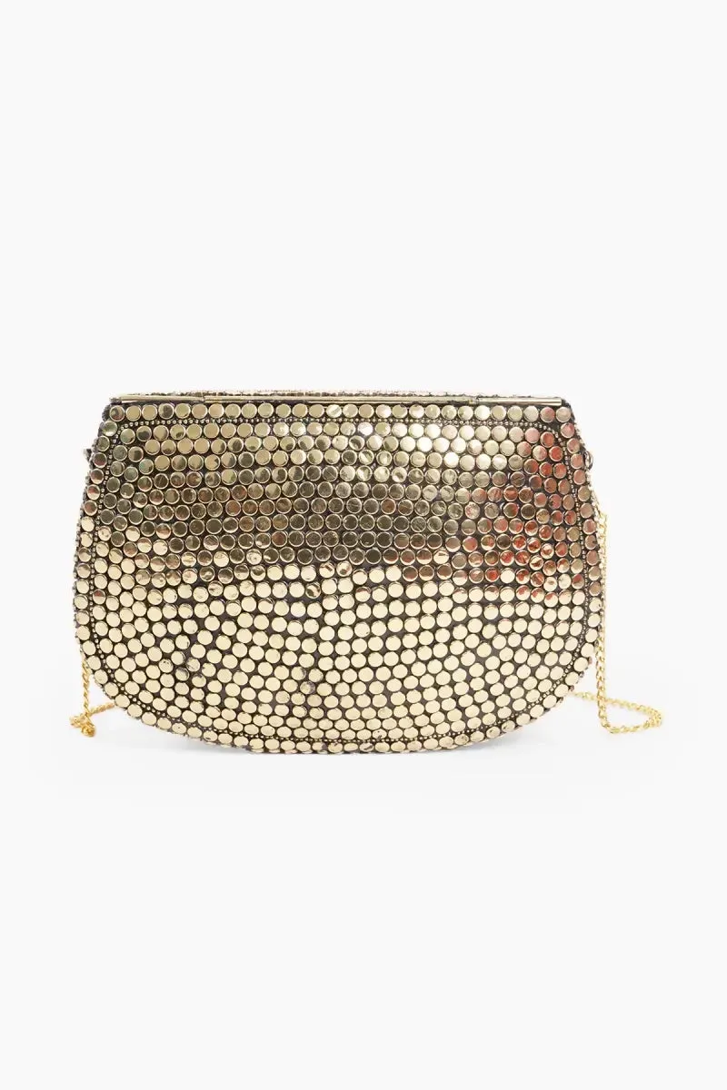 Embellished Golden Design Clutch with Detachable Strap ( Gold )