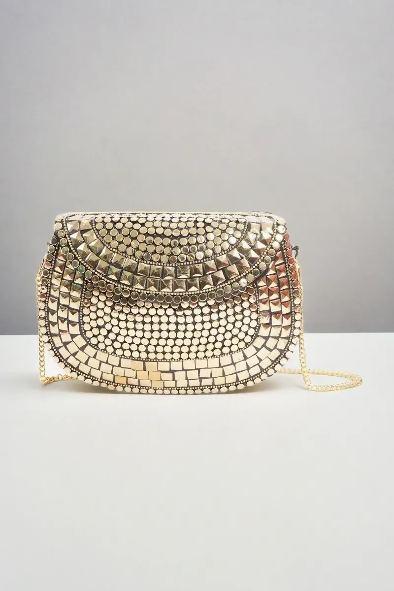 Embellished Golden Design Clutch with Detachable Strap ( Gold )