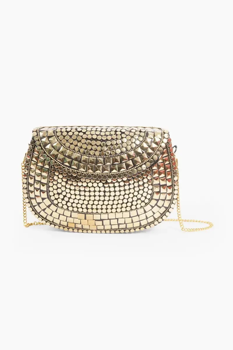 Embellished Golden Design Clutch with Detachable Strap ( Gold )