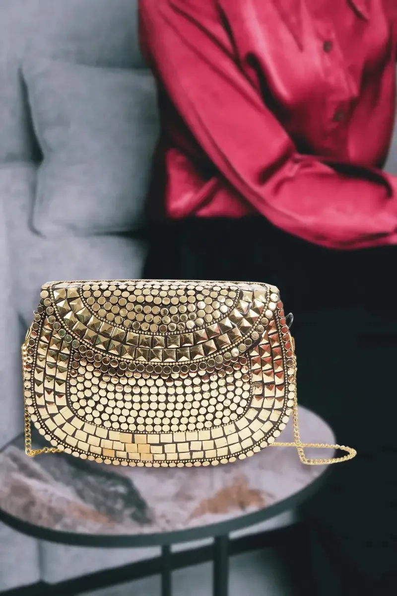 Embellished Golden Design Clutch with Detachable Strap ( Gold )