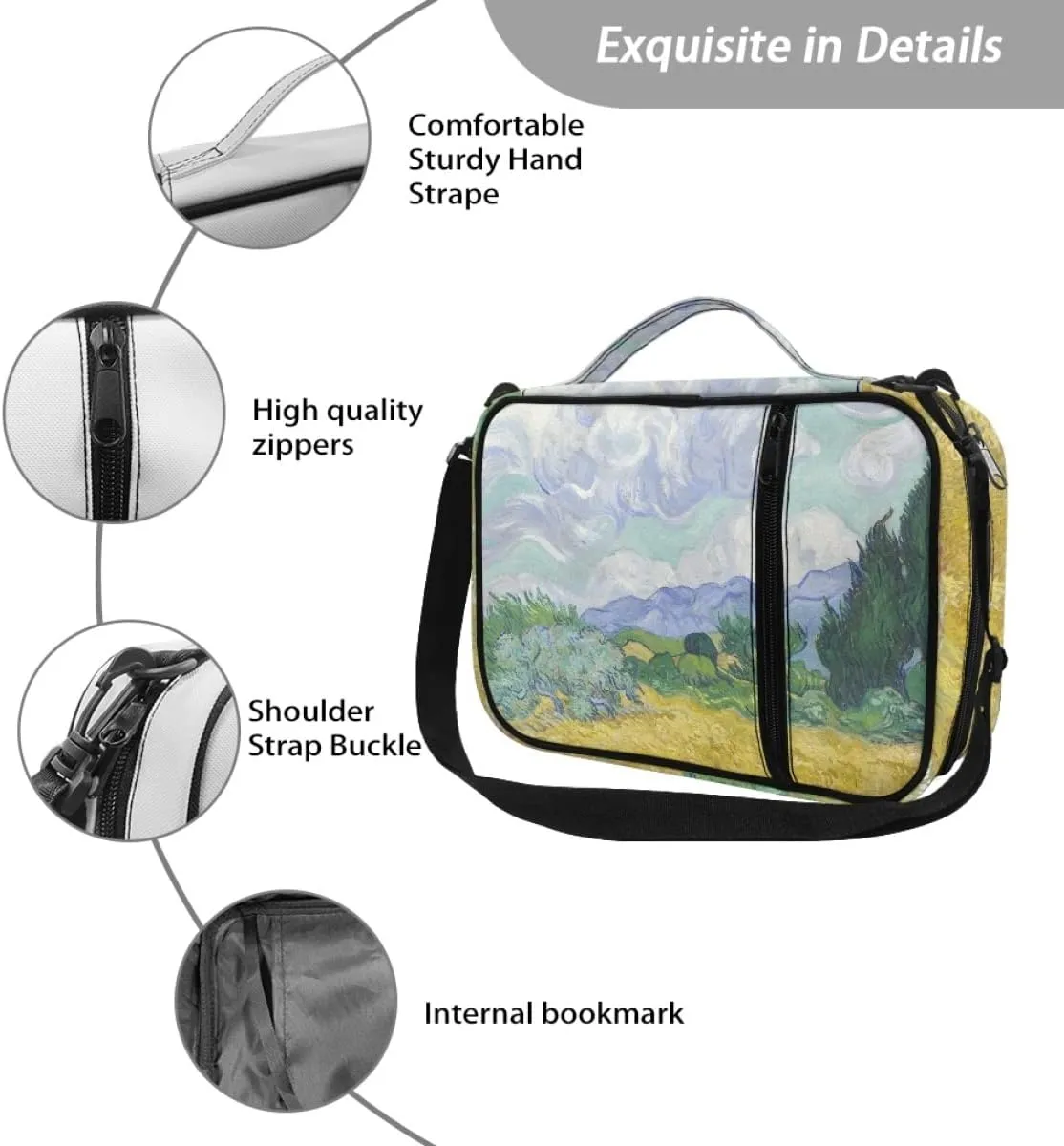 ENLACHIC Van Gogh Art Print Bible Covers for Women Zipper Bible Carrying Case Extra Large Size Bible Bag with Shoulder Strap,Wheat Field with Cypresses