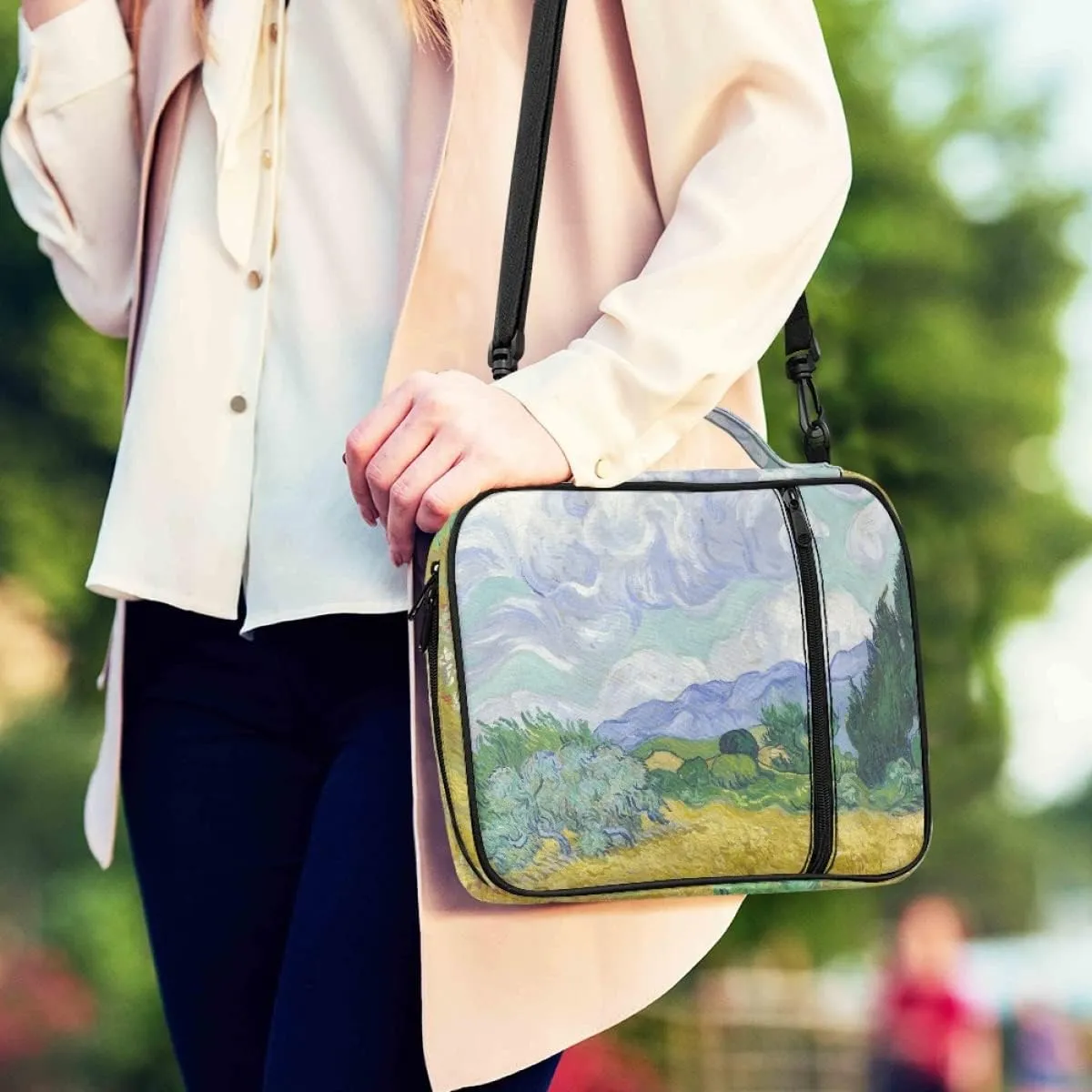 ENLACHIC Van Gogh Art Print Bible Covers for Women Zipper Bible Carrying Case Extra Large Size Bible Bag with Shoulder Strap,Wheat Field with Cypresses