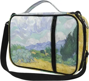 ENLACHIC Van Gogh Art Print Bible Covers for Women Zipper Bible Carrying Case Extra Large Size Bible Bag with Shoulder Strap,Wheat Field with Cypresses