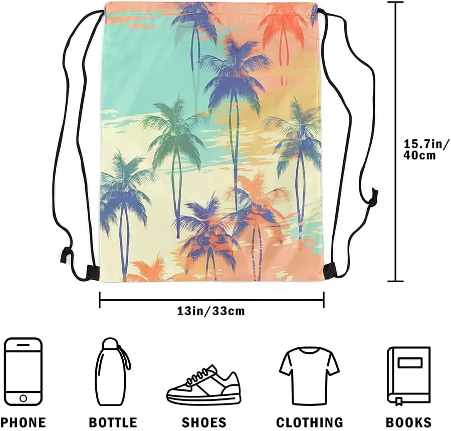 Erosebridal Tropical Drawstring Backpack 13x15.7,Watercolor Palm Tree Leaf Drawstring Bags,Green Plant Tree Draw String Back Bag,Jungle Botanical String Backpack,Oil Plainting Style Cinch Bag