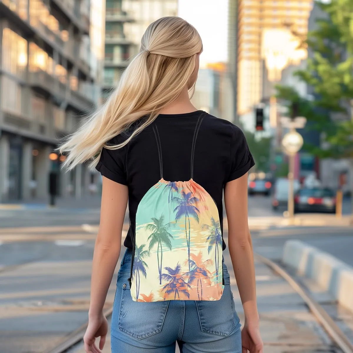 Erosebridal Tropical Drawstring Backpack 13x15.7,Watercolor Palm Tree Leaf Drawstring Bags,Green Plant Tree Draw String Back Bag,Jungle Botanical String Backpack,Oil Plainting Style Cinch Bag