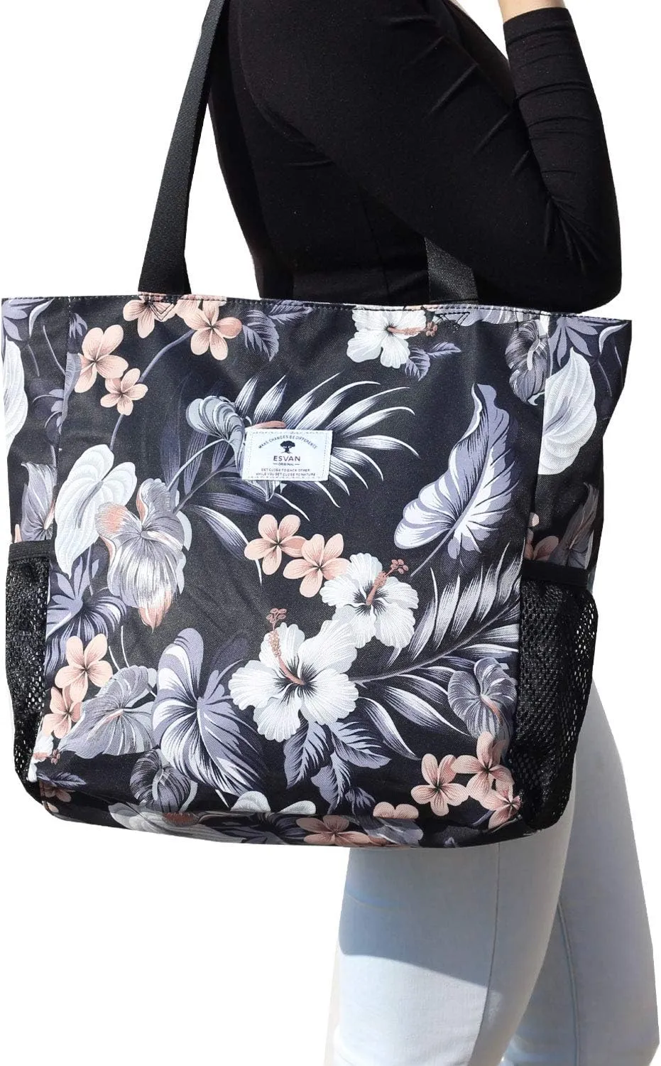 ESVAN Original Floral Tote Bag Large Shoulder Bag with Multi Pockets for Gym Travel Beach Daily Bags