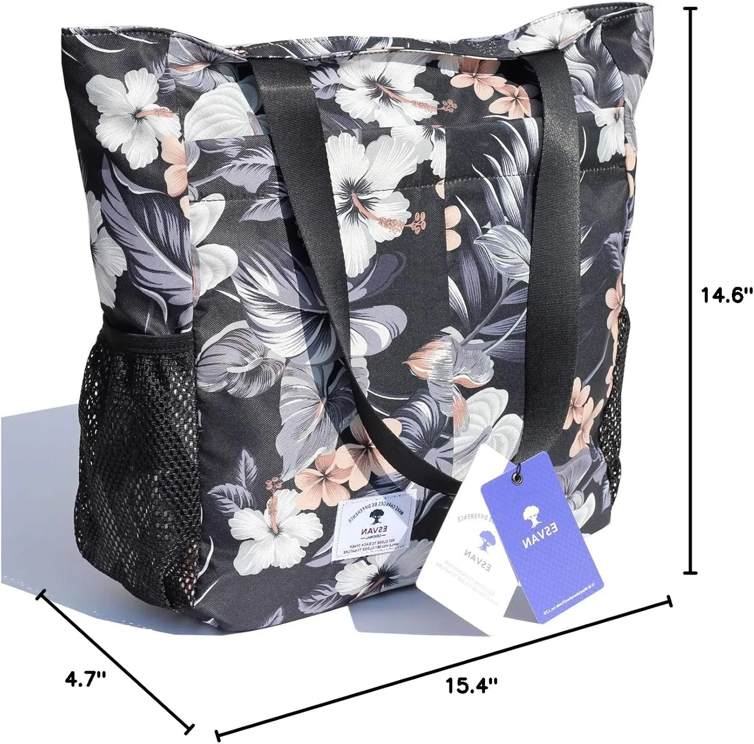 ESVAN Original Floral Tote Bag Large Shoulder Bag with Multi Pockets for Gym Travel Beach Daily Bags