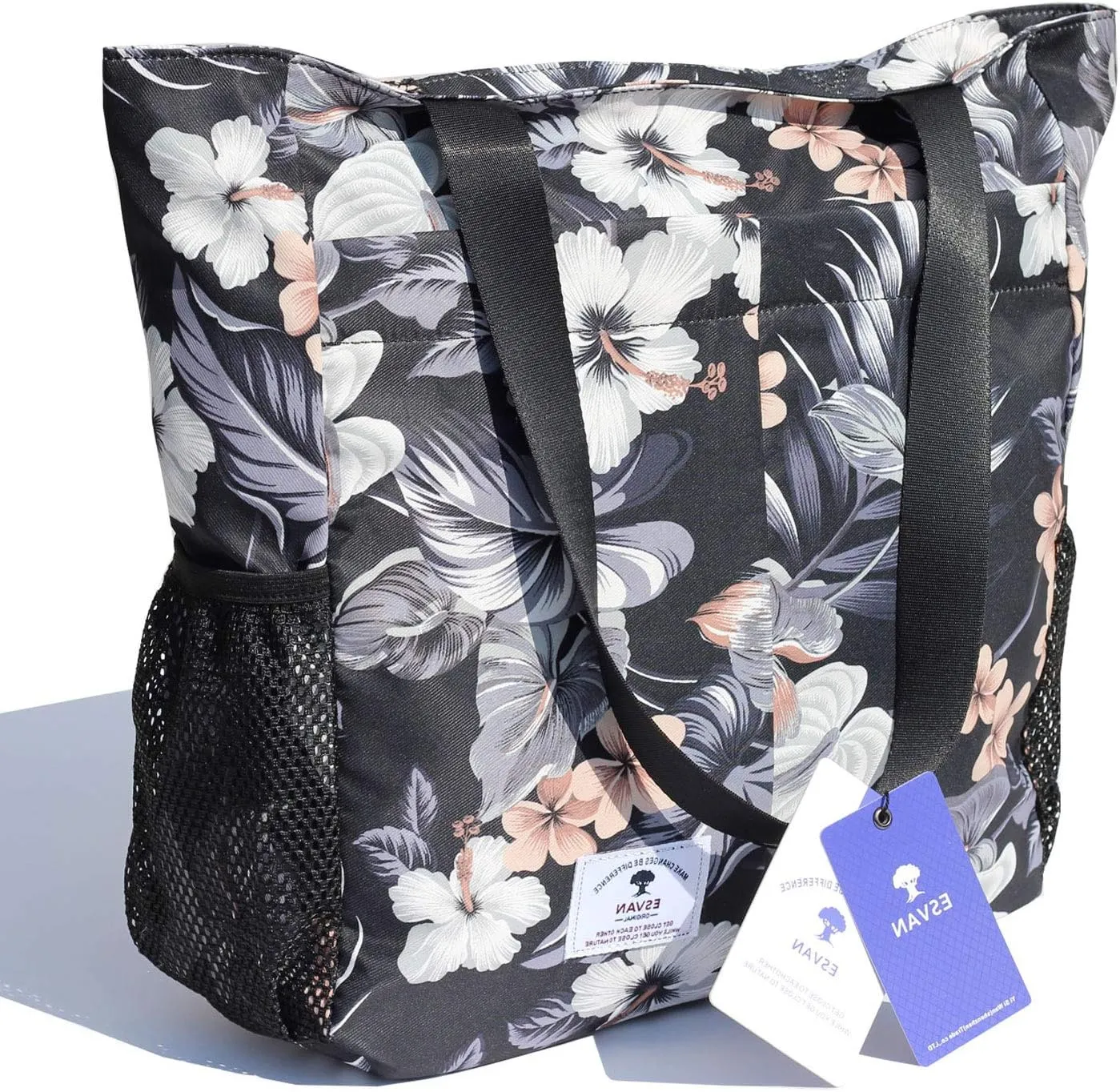ESVAN Original Floral Tote Bag Large Shoulder Bag with Multi Pockets for Gym Travel Beach Daily Bags
