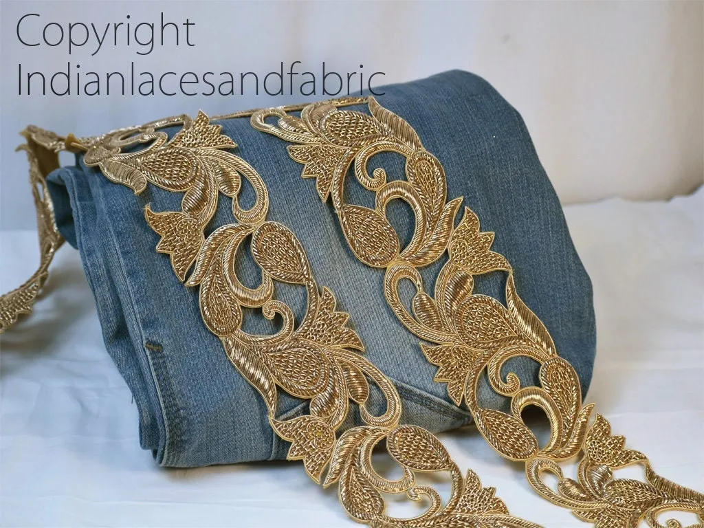 Exclusive Zardozi Handmade Antique Gold Indian Sari Border, Trim By The Yard, Wedding Bride Belt Sash Saree Embroidered Zari Decorative Trim