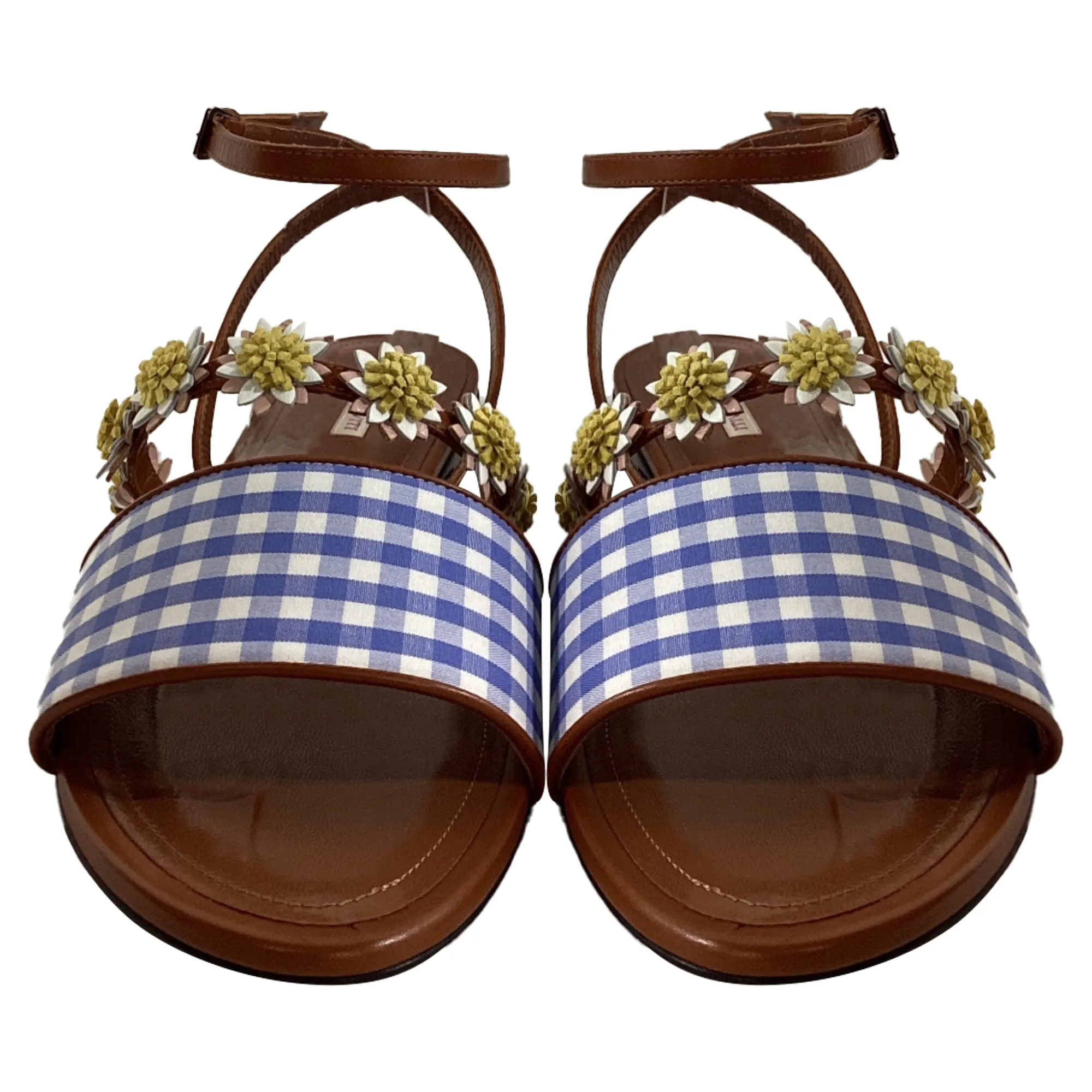 Fabrizio Viti Bea Floral-Appliqué Gingham Sandals in Blue Leather