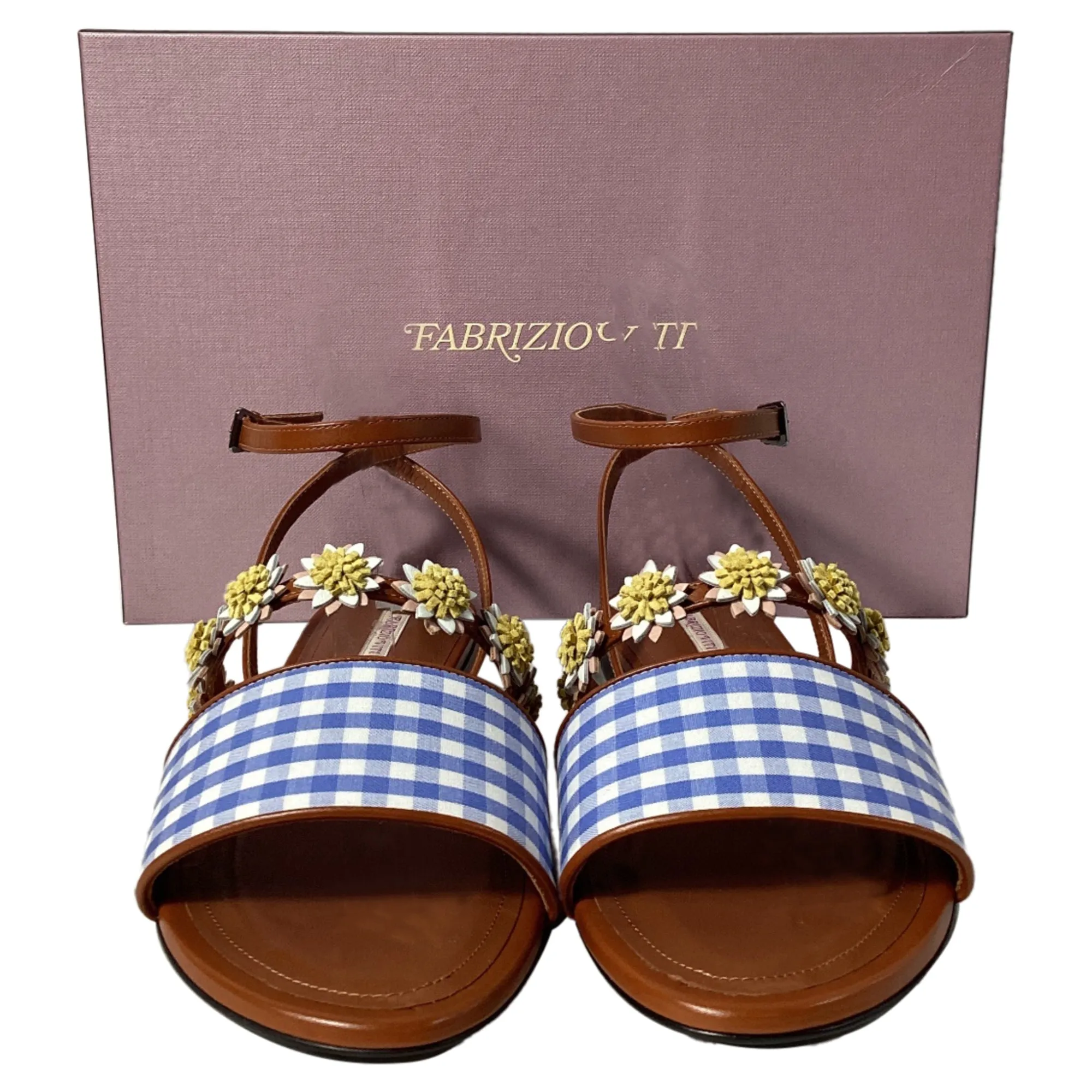Fabrizio Viti Bea Floral-Appliqué Gingham Sandals in Blue Leather