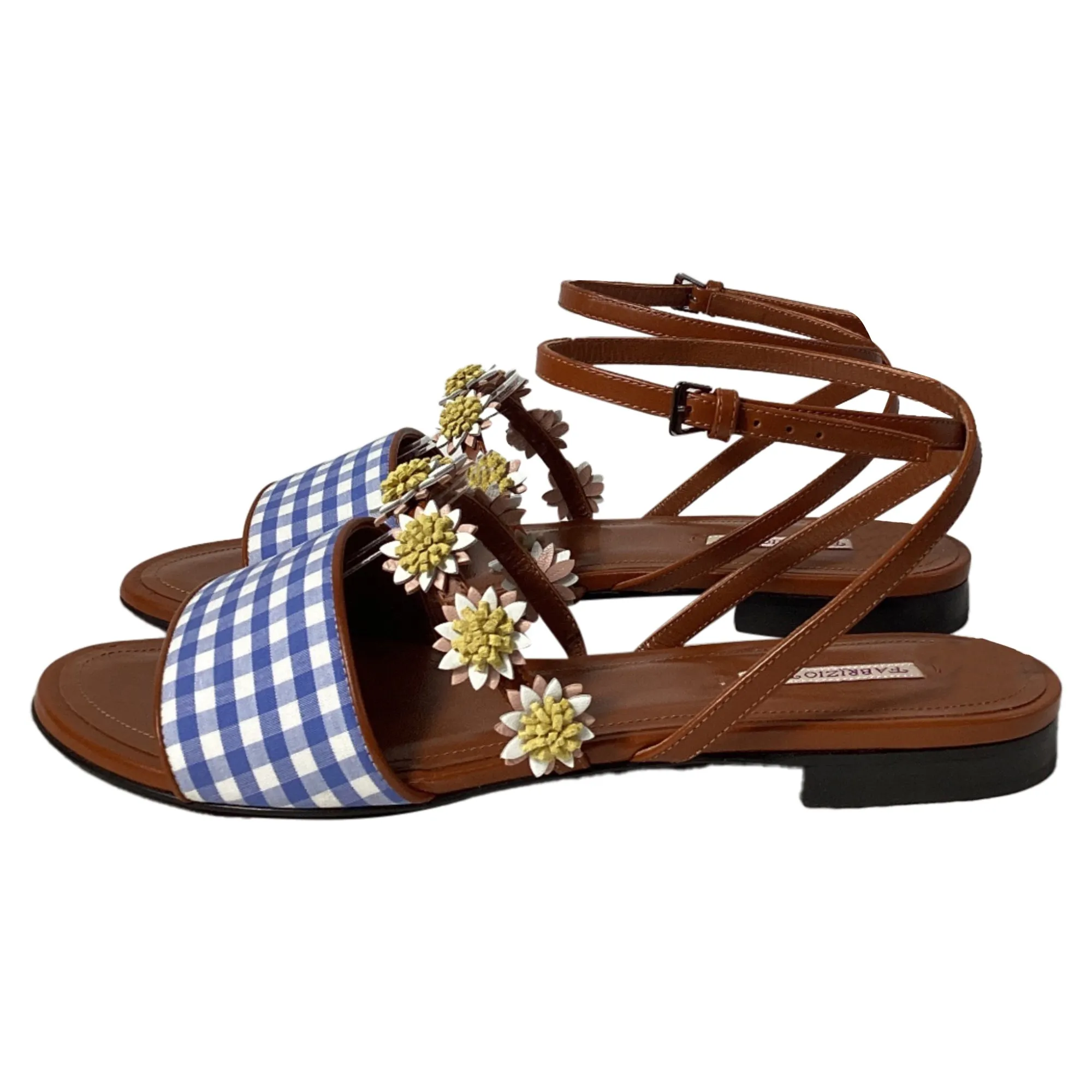 Fabrizio Viti Bea Floral-Appliqué Gingham Sandals in Blue Leather
