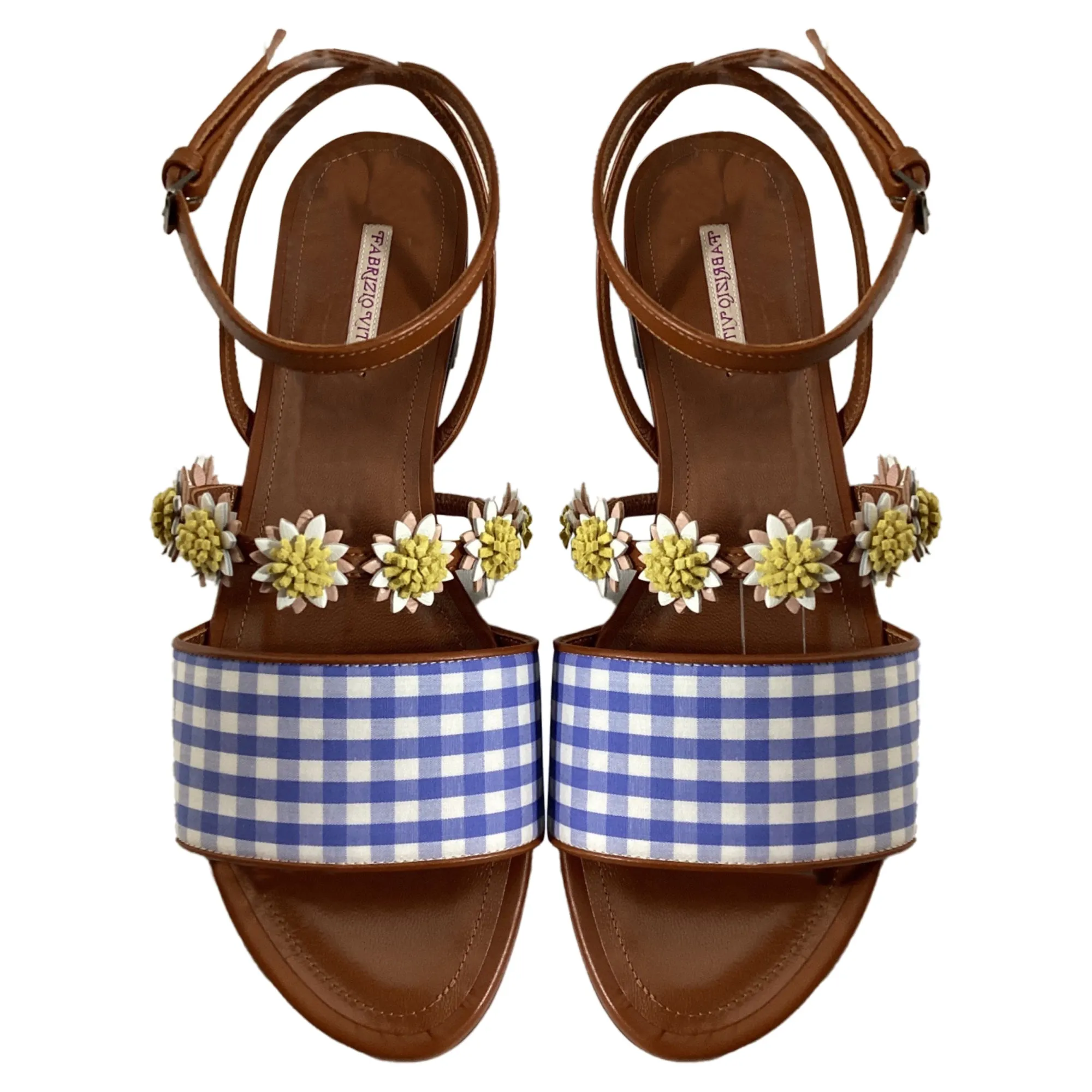 Fabrizio Viti Bea Floral-Appliqué Gingham Sandals in Blue Leather