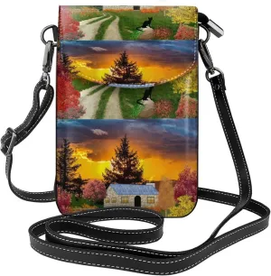 Fall Village Scenery Print Small Crossbody Bags for Women Leather Cell Phone Purses Mini Leather Shoulder Handbag Adjustable Strap