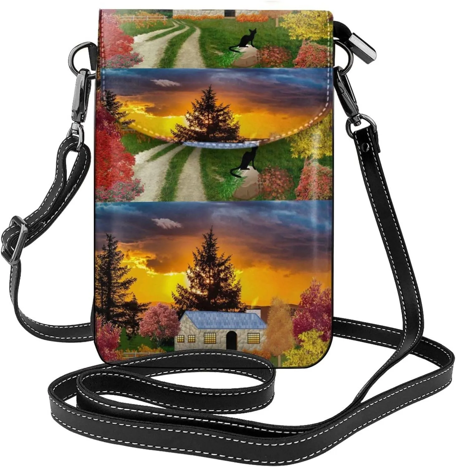 Fall Village Scenery Print Small Crossbody Bags for Women Leather Cell Phone Purses Mini Leather Shoulder Handbag Adjustable Strap
