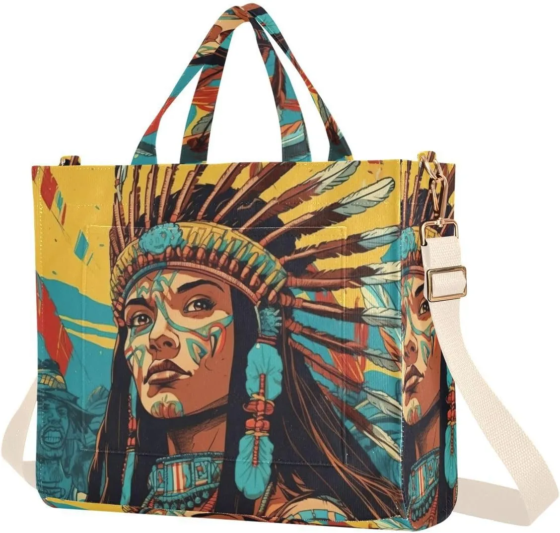 Fantasy Indian Chief Woman Corduroy Women Tote Bag, Handbag Purse with Detachable Strap Small Size