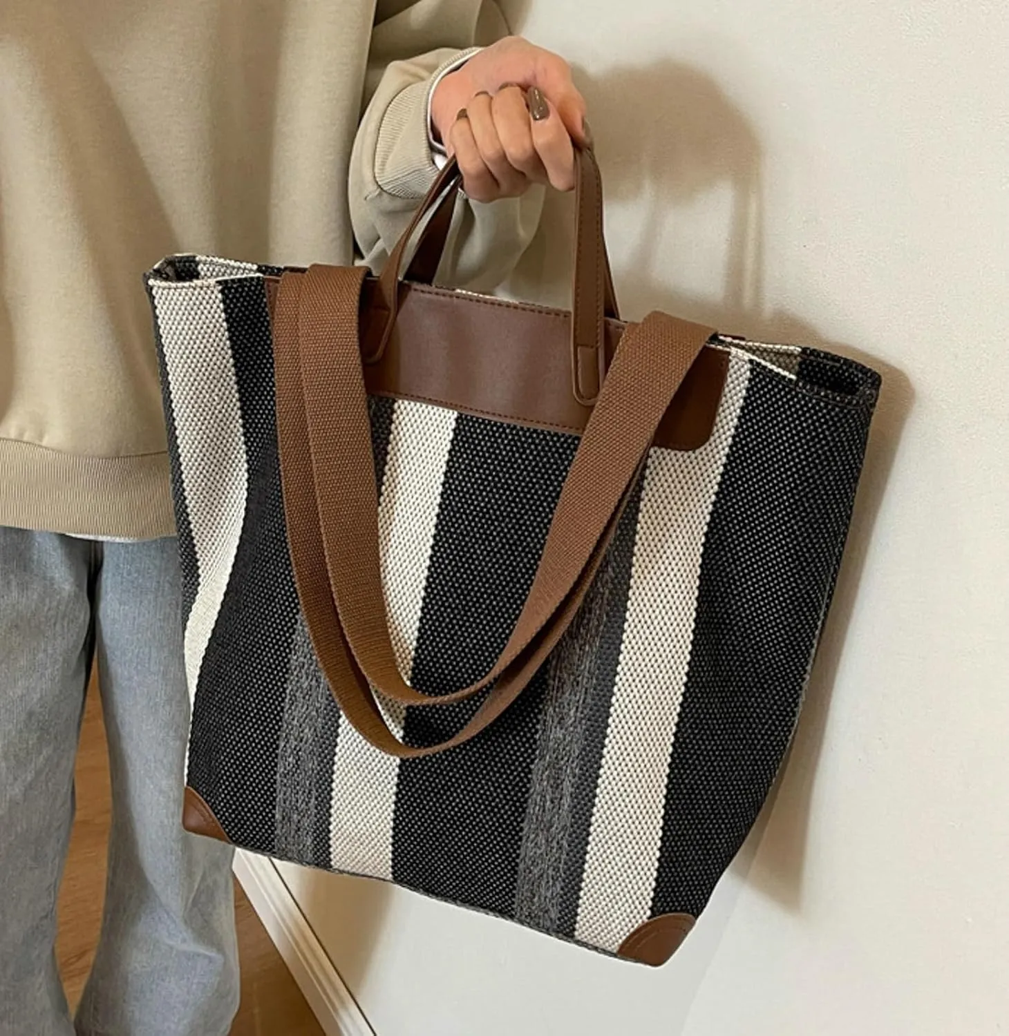 Fashion Canvas Tote Bag Women 2024 Large Capacity Handbag Casual College Striped Color Block Shoulder Bag