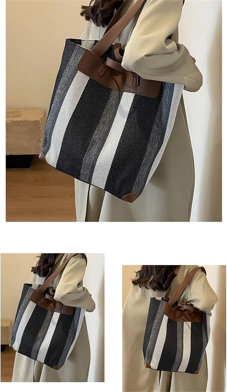 Fashion Canvas Tote Bag Women 2024 Large Capacity Handbag Casual College Striped Color Block Shoulder Bag