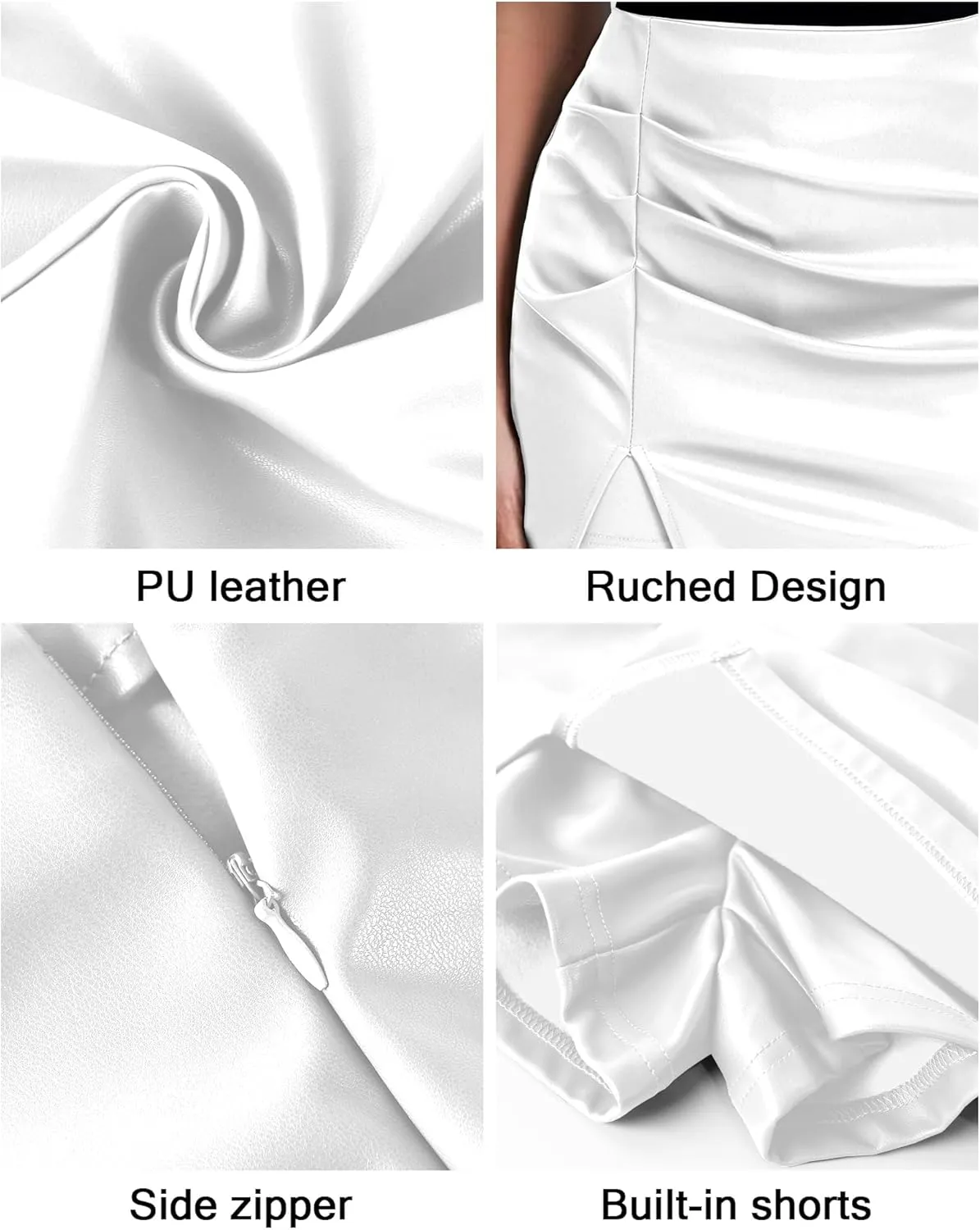 Faux Leather Skirts for Women High Waisted Bodycon Ruched Mini Skort Skirt with Shorts