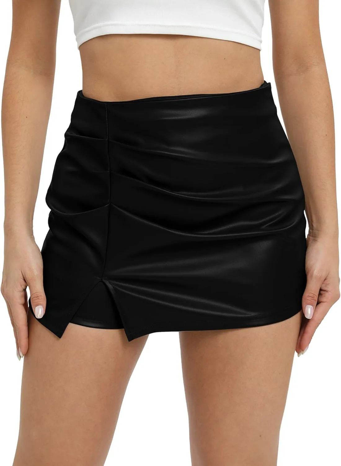 Faux Leather Skirts for Women High Waisted Bodycon Ruched Mini Skort Skirt with Shorts