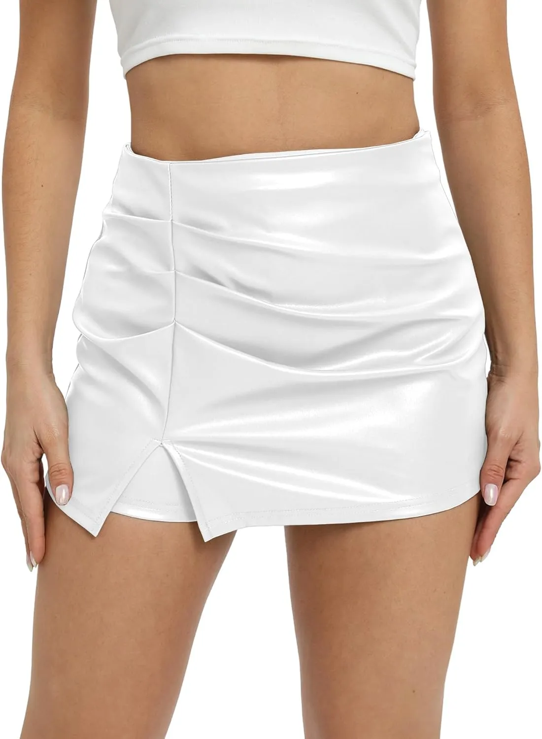 Faux Leather Skirts for Women High Waisted Bodycon Ruched Mini Skort Skirt with Shorts