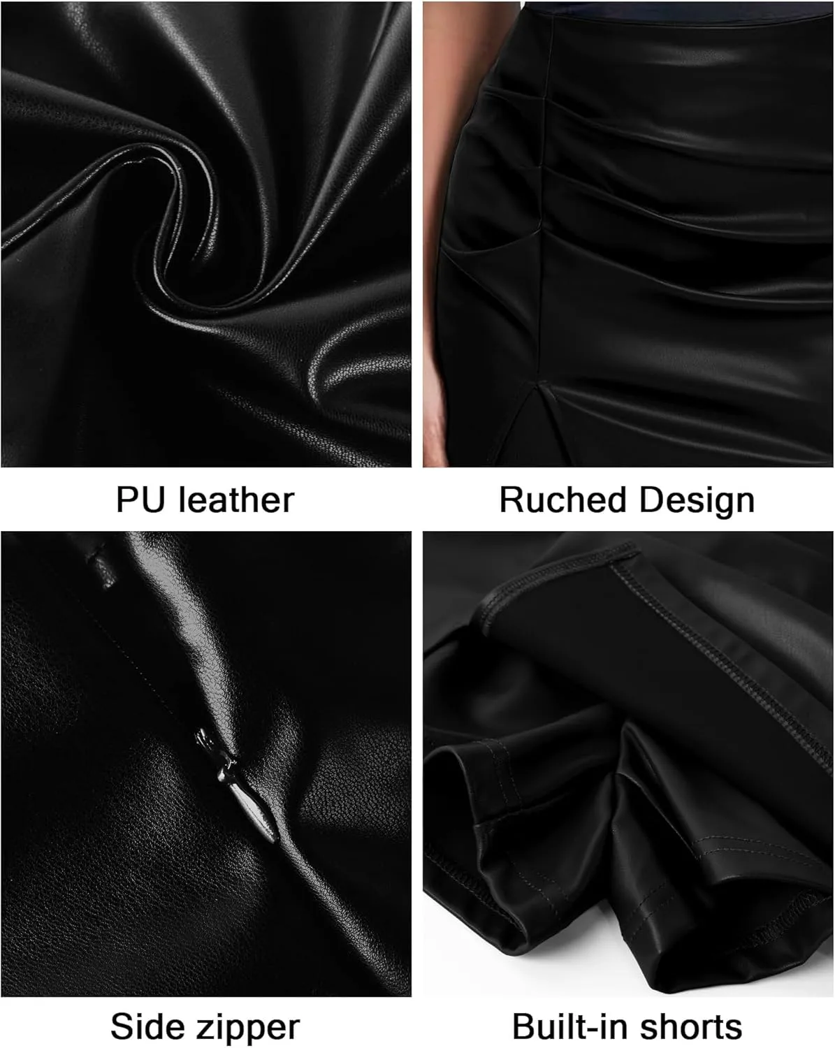 Faux Leather Skirts for Women High Waisted Bodycon Ruched Mini Skort Skirt with Shorts