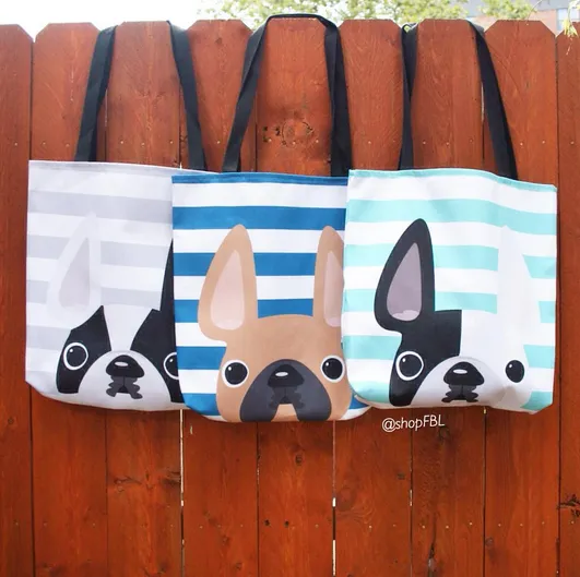 Fawn / Navy Striped French Bulldog Tote Bag