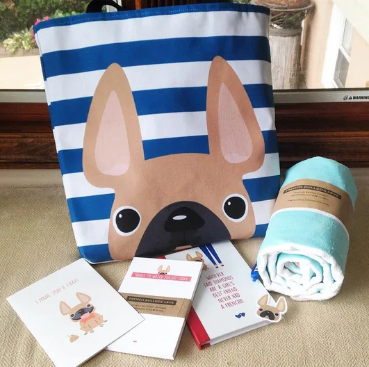 Fawn / Navy Striped French Bulldog Tote Bag