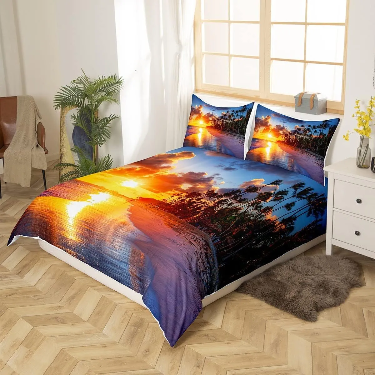 Feelyou Beach Duvet Cover Set King Size Summer Sea Ocean Bedding Set Hawaiian Tropical Palm Tree Nature Comforter Cover Microfiber with 2 Pillow Shams,Zipper, 3D Print Soft Sunset 3 Pieces