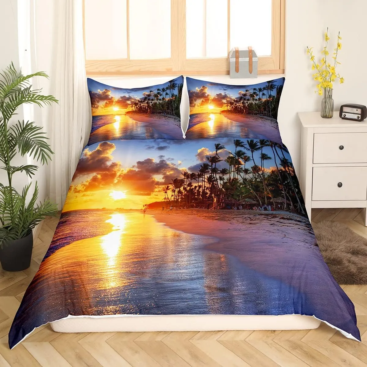 Feelyou Beach Duvet Cover Set King Size Summer Sea Ocean Bedding Set Hawaiian Tropical Palm Tree Nature Comforter Cover Microfiber with 2 Pillow Shams,Zipper, 3D Print Soft Sunset 3 Pieces