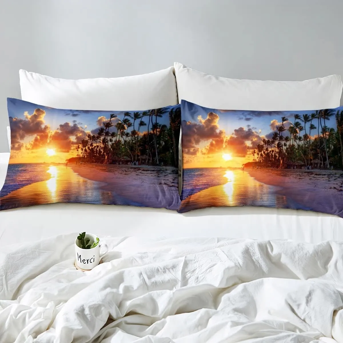 Feelyou Beach Duvet Cover Set King Size Summer Sea Ocean Bedding Set Hawaiian Tropical Palm Tree Nature Comforter Cover Microfiber with 2 Pillow Shams,Zipper, 3D Print Soft Sunset 3 Pieces