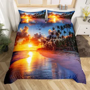 Feelyou Beach Duvet Cover Set King Size Summer Sea Ocean Bedding Set Hawaiian Tropical Palm Tree Nature Comforter Cover Microfiber with 2 Pillow Shams,Zipper, 3D Print Soft Sunset 3 Pieces