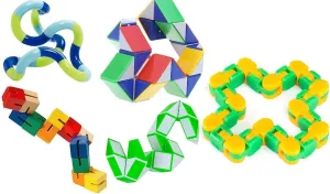 Fidget Sensory Pack Party Favor Goody Bags Set of 5 -Tangle® Twister Fidget Toy Snake Fidget Puzzle Wooden Flex Fidget Snap N Click Wacky Track Mutlicolor Snake Twist Fidget