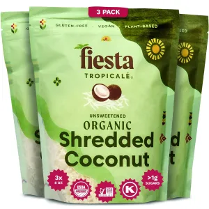Fiesta Tropicalé Unsweetened Coconut Flakes - 8 Oz (3 Pack) Raw Organic Dried Coconut Flakes - Gluten Free, Shredded Coconut for Father's Day Keto or Vegan Cooking, Baking, Cake Sprinkles, Smoothies