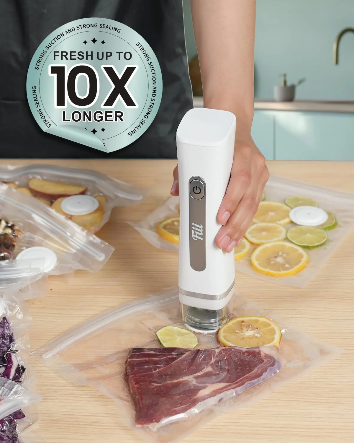 Fiii Vacuum Sealer with 30 Reusable Bags for Food, Powerful Handheld Vacuum Sealer Machine with Visible Water Tank, One Touch Kitchen Storage and Preservation, white & gray