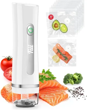 Fiii Vacuum Sealer with 30 Reusable Bags for Food, Powerful Handheld Vacuum Sealer Machine with Visible Water Tank, One Touch Kitchen Storage and Preservation, white & gray