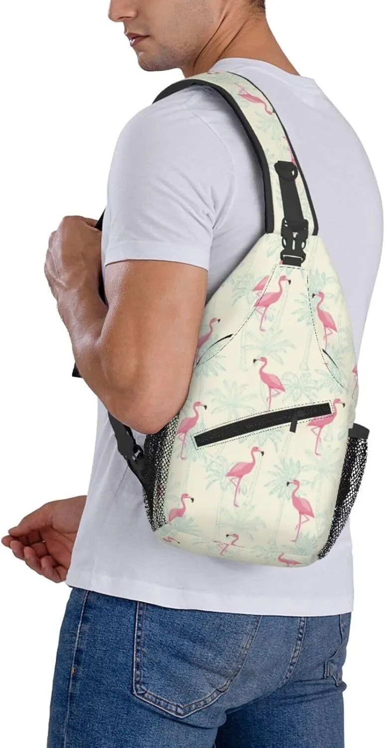 Flamingo Palm Tree Chest Sling Bag Crossbody Shoulder Backpack Bag Gym Cycling Daypack Travel Hiking Cross Bag