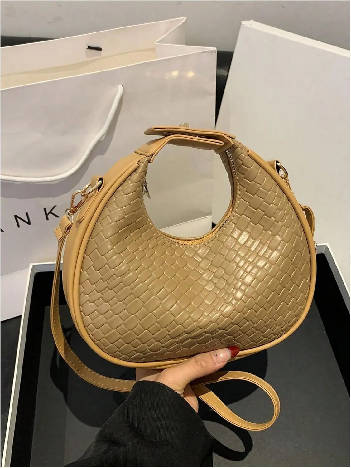 Floerns Women's Crossbody Bag Leather Weave Small Handbag Retro Crescent Bag