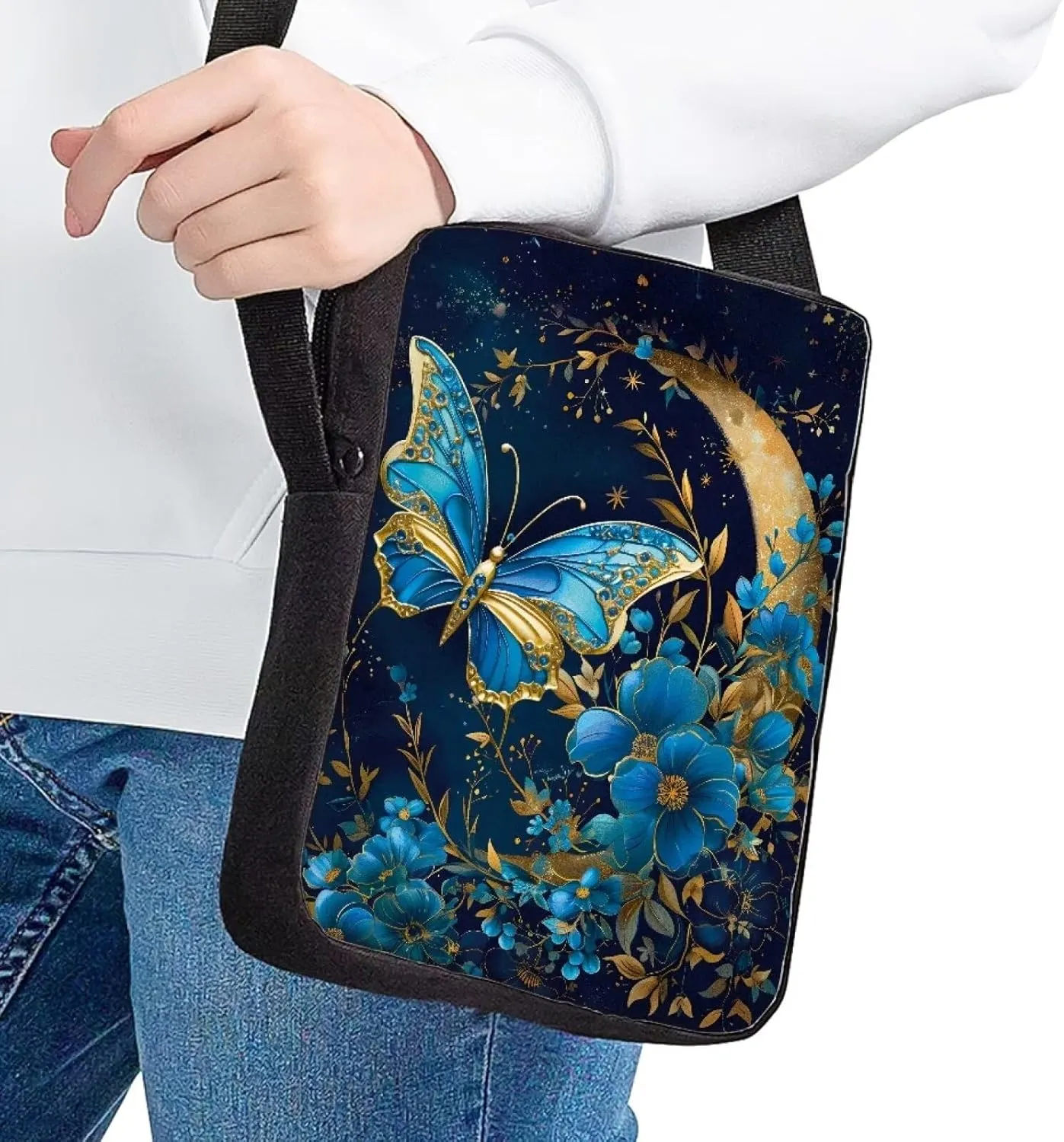Floral Butterfly Crossbody Bags for Women Trendy Messenger Bag Lightweight Wallet Purse Case Portable Travel Shoulder Bag Canvas Cellphone Bag